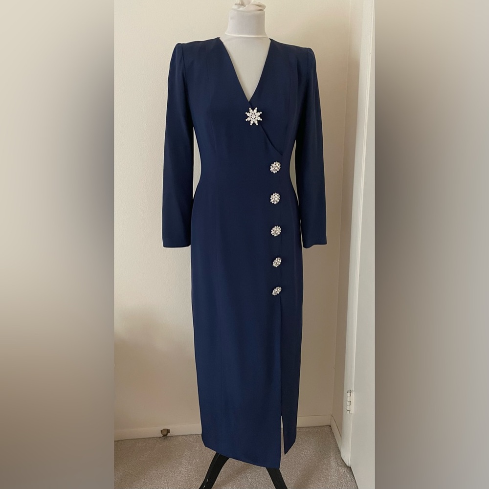 SOLD - Vintage Liancarlo Women Maxi Pencil Dress 8 Navy Blue 100% Silk Crystal